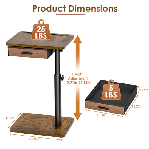 Adjustable C-Shaped TV Tray Table with Drawer and Swivel Top