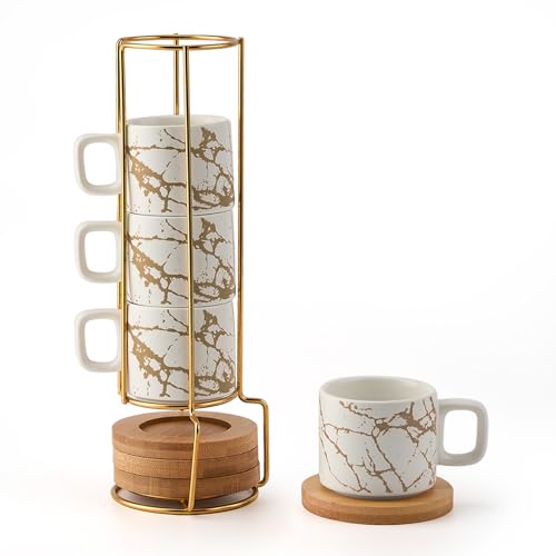 LUKA White Marbling Porcelain Espresso Cup & Saucer Set with Metal Stand - 4oz Stackable Demitasse Coffee Mugs for Latte, Tea, Mocha - Set of 4