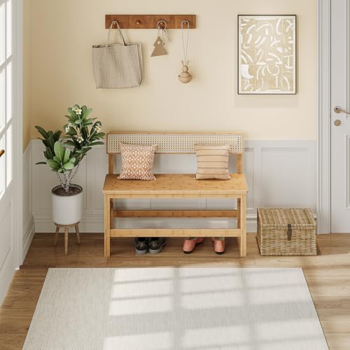 Bamboo Dining Bench with Rattan-Style Backrest, Farmhouse Entryway Seating