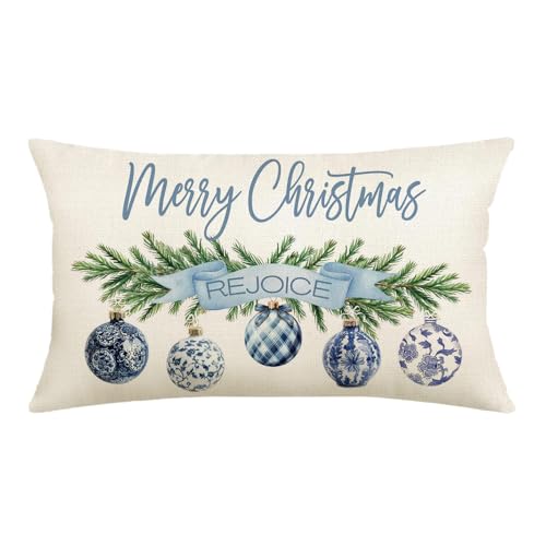 NUTEEN Christmas Pillow Cover 12x20 Blue Baubles & Snowflake Joy - 3 Blue Trees