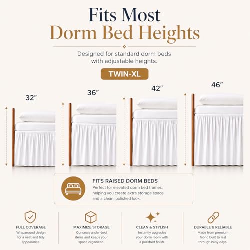 Twin XL Microfiber Dorm Bed Skirt - 36 Inch Drop with Split Corners, White