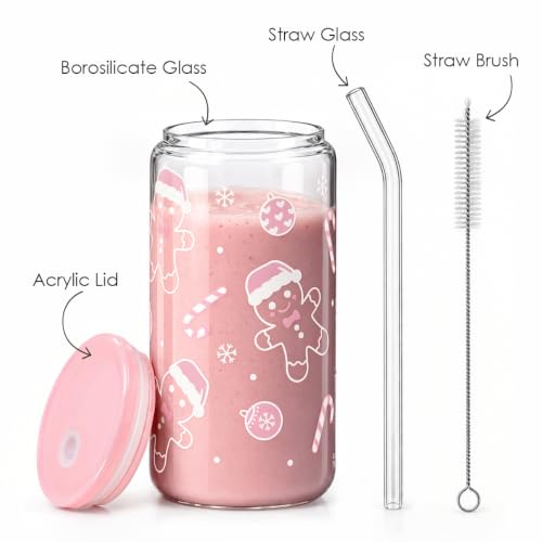 SANDJEST Christmas Gingerbread 16oz Glass Tumbler with Lid & Straw - Holiday Gift