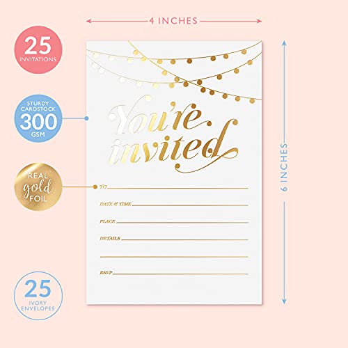 25 Gold Foil Party Invitations with Envelopes, 4x6 Premium Cardstock Cards