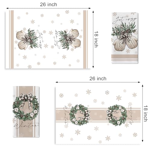 Seliem Winter Wreath & Mitten Kitchen Dish Towels Set of 2 - Brown, Holiday Decor