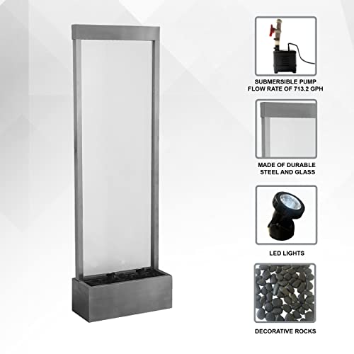 72" Steel and Glass Freestanding Waterfall Fountain with LED Lights