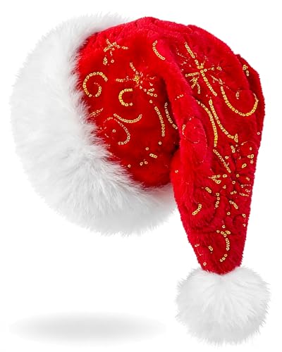 Christmas Snowflake Santa Hat for Adults – Thick Velvet Red Holiday Hat