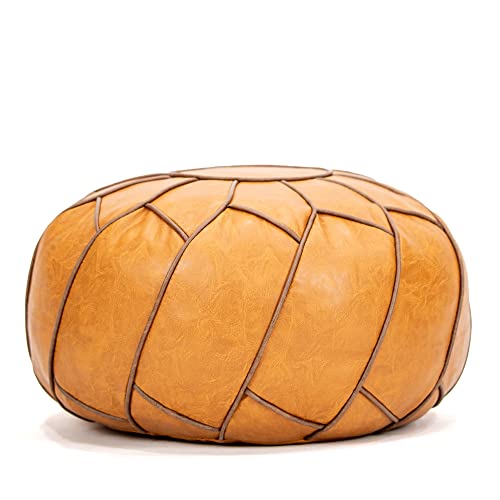 Modern Pumpkin Color Round Ottoman Pouf - Moroccan Style Leather Footstool