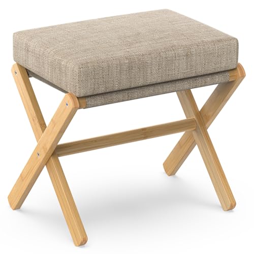 Foldable Bamboo Foot Stool Ottoman with Thick Foam Cushion