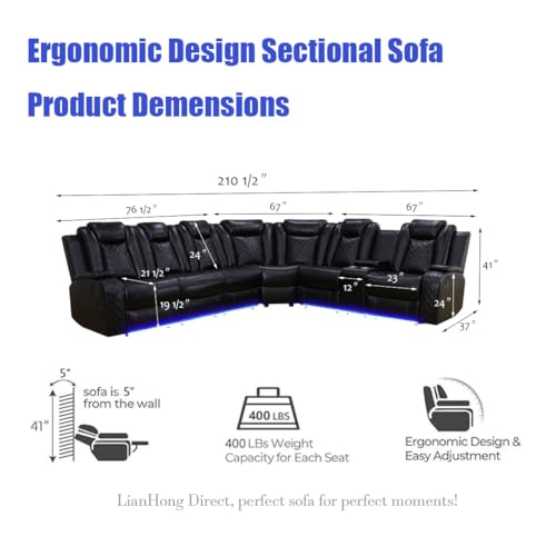 3-Piece Power Reclining Sectional Sofa with LED Lights, USB & Storage