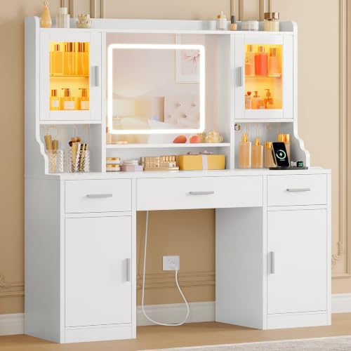 Large Vanity Desk with LED Mirror, RGB Cabinets, Drawers & Power Outlet