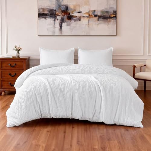 Jacquard Geometric 3-Piece Queen Duvet Cover Set with Pillow Shams - White