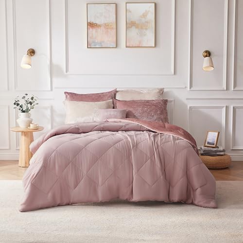 Intelligent Design King Comforter Set, Velvet Comforter Set , Luxury Diamond Quilting Comforter Set, Fluffy Comforter Bed Set with Decorative Pillowand 2 Shams, 4 Piece Pink, King/ Cal King