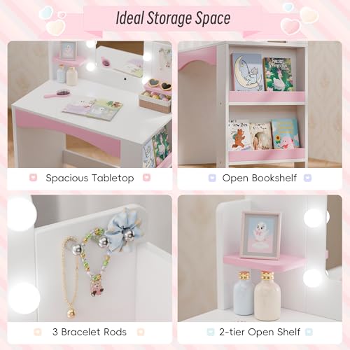 Kids Vanity Table and Chair Set with LED Mirror and Storage, White