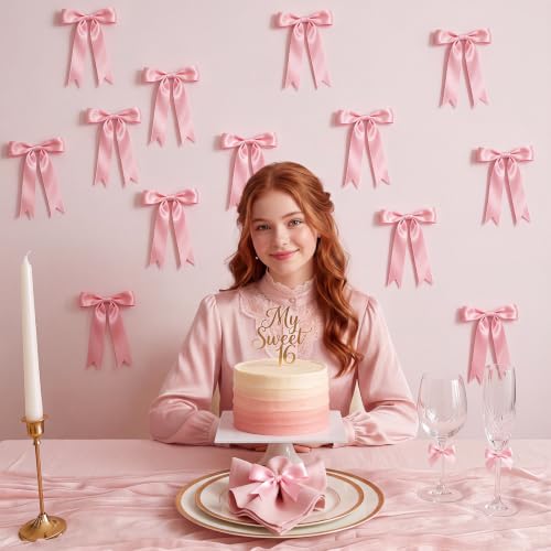 2-Pack Pink Bow Garland Banner - Pre-Strung Satin Ribbon Party Decor