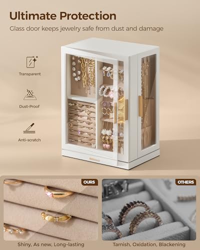 360° Rotating Jewelry Organizer Box with 7 Drawers and Glass Display