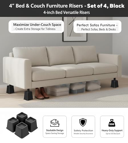 Heavy Duty Bed & Furniture Risers 4 Inch - Non-Slip Stackable Lifts (Set of 4)