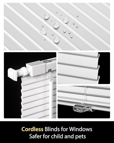 Cordless No-Drill Mini Blinds, 31" W x 64" H, White - L-Shaped Slats for Enhanced Privacy