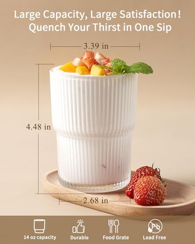 BJMEDYM 6-Pack Clear Ribbed Drinking Glasses 14oz Stackable Bar & Kitchenware