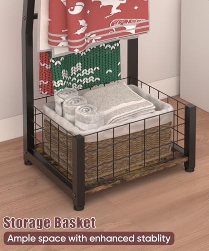 5-Tier Blanket Ladder with Storage Basket, Leaning Quilt Rack Stand