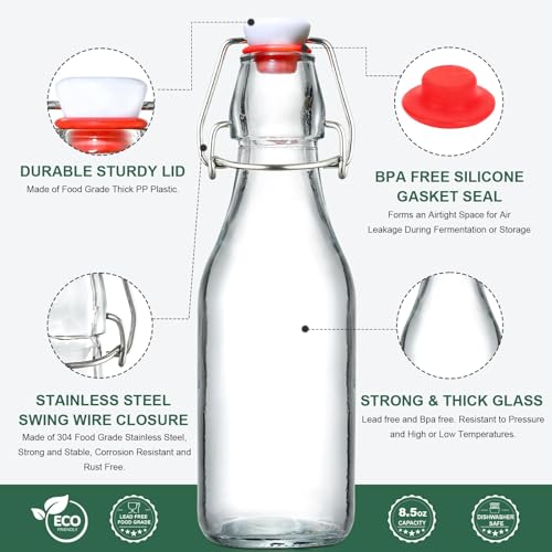 8-Pack 8.5oz Flip Top Glass Bottles with Airtight Stopper and Pourers