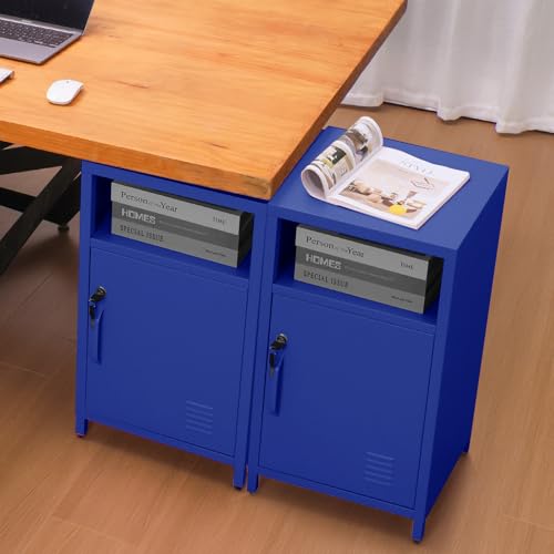 Metal Nightstand with Lockable Cabinet, Industrial Bedside Table in Blue