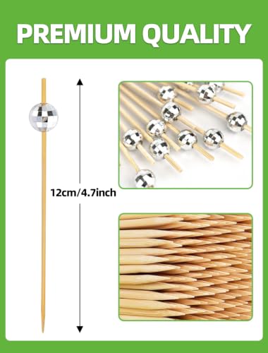 DecorWoo 4.7 Inch Silver Mini Disco Ball Cocktail Picks - 100 Count Party Food & Drink Garnishes