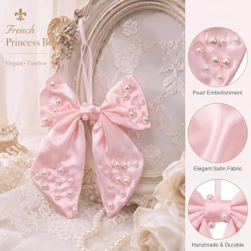 Yinder 12 Pack Pink Pearl Christmas Tree Bow Ornaments Large Satin Holiday Decor