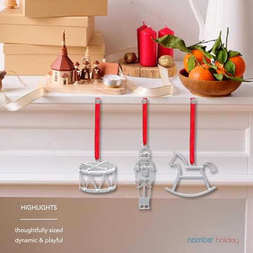 Nambé Mini Holiday Ornaments Set - Silver Rocking Horse, Nutcracker & Drum