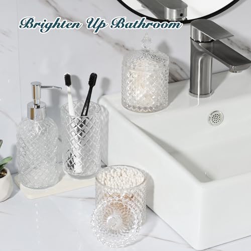 4-Piece Diamond Pattern Glass Bathroom Accessory Set - Counter Organizer