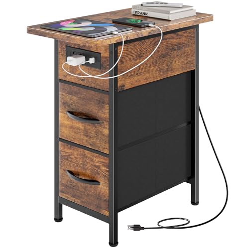 Narrow End Table with Charging Station, 2 Drawers & Flip-Top Storage