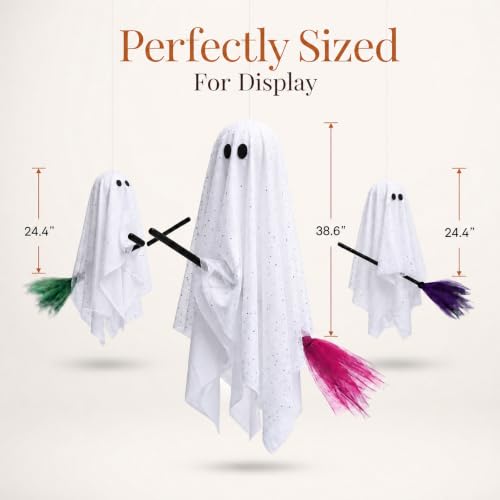 3-Pack Light-Up Hanging Halloween Ghosts on Brooms - Yard & Porch Decor