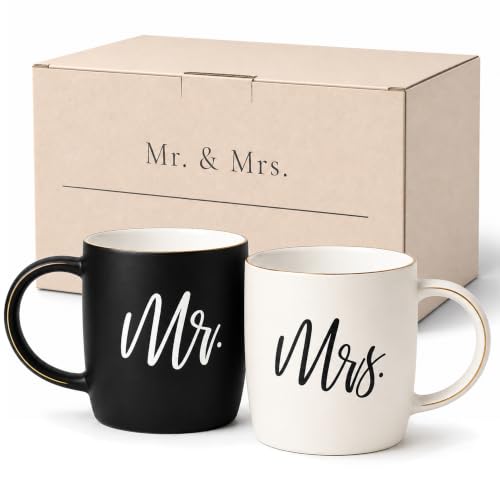 Couples Coffee Mugs Set - Mr. & Mrs. 13oz Ceramic Gift Box with Gold Details