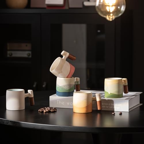 Dicmracy Kiln Turning Blue 2oz Ceramic Espresso Cups with Wooden Handle, 2/4-Piece Set, Handmade Coffee & Tea Mugs