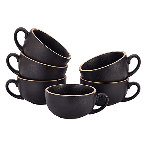 Coffeezone Vintage Black Ceramic Latte Cups Set of 6 12 oz for Barista Coffee Art