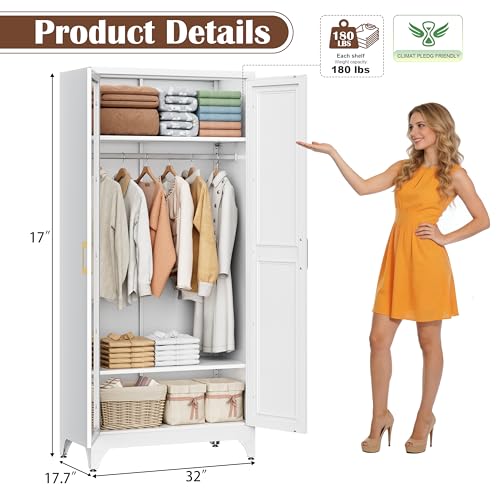 71-Inch Metal Wardrobe Closet with Mirror Door and Adjustable Shelves
