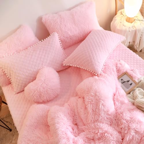 Fluffy Pink Faux Fur Duvet Cover Set - 3-Piece Queen Shaggy Bedding