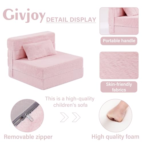 Pink Plush Foldable Kids Sofa Bed with Pillow - Washable Floor Couch for Children