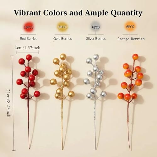28 Pcs Artificial Holly Berry Stems for Holiday Decor, Reusable Christmas Wreaths & Centerpieces