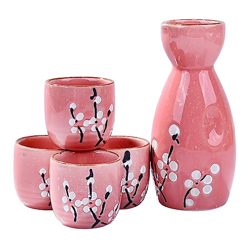 Pink Snow Plum Blossom Ceramic Sake Set of 5 with 4 Cups - Whitenesser