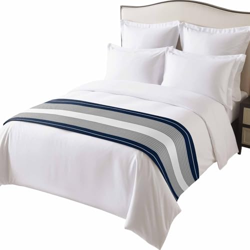 Navy Blue Grey Striped Bed Runner for Queen Bed - 94"x20" Satin Scarf