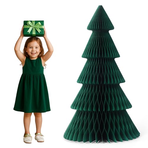 Poen Dark Green 3 ft x 20 in Honeycomb Paper Christmas Tree (3D) - Reusable