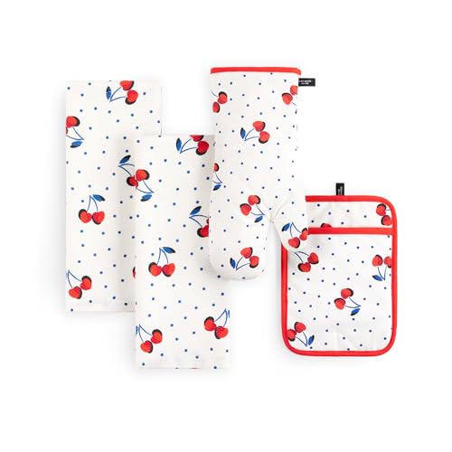 Cherry Dot Kitchen Towel, Oven Mitt & Pot Holder 4-Piece Set - 100% Cotton