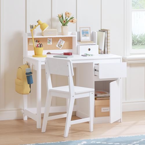 Wooden Kids Desk and Chair Set with Hutch, Storage, and Bulletin Board
