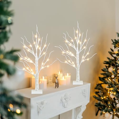 2FT Lighted Birch Tree Lamp with Warm White LED Lights & Timer (2 Pack)