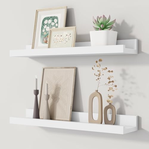 16-Inch White Floating Picture Ledge Shelves, Set of 2 Solid Wood Wall Shelves