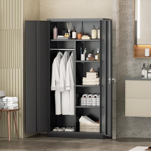 72-inch Metal Wardrobe Cabinet with Lock, Adjustable Shelves and Hanging Rod