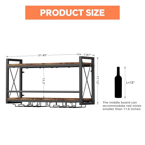 Wall Mounted Wine Rack with Glass Holder, Industrial Wood and Metal Shelf
