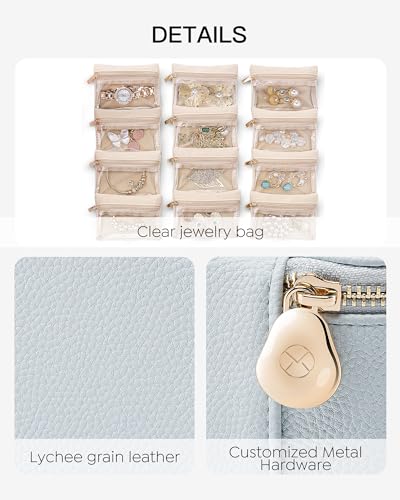 Portable Travel Jewelry Box with 12 Clear Velvet Zipper Pouches, Baby Blue
