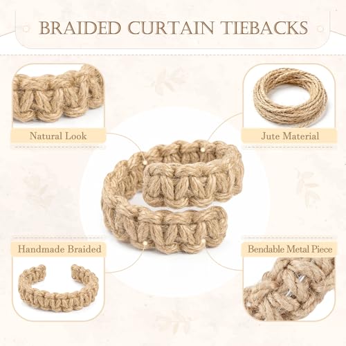Braided Boho Curtain Tiebacks, 4 Pack Adjustable Jute Holdbacks
