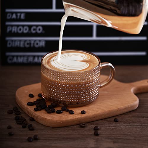 JVJRFQ Amber Vintage Glass Coffee Mugs Set of 2 with Bamboo Lids & Spoons, 14 Oz Breakfast Cups for Coffee & Yogurt